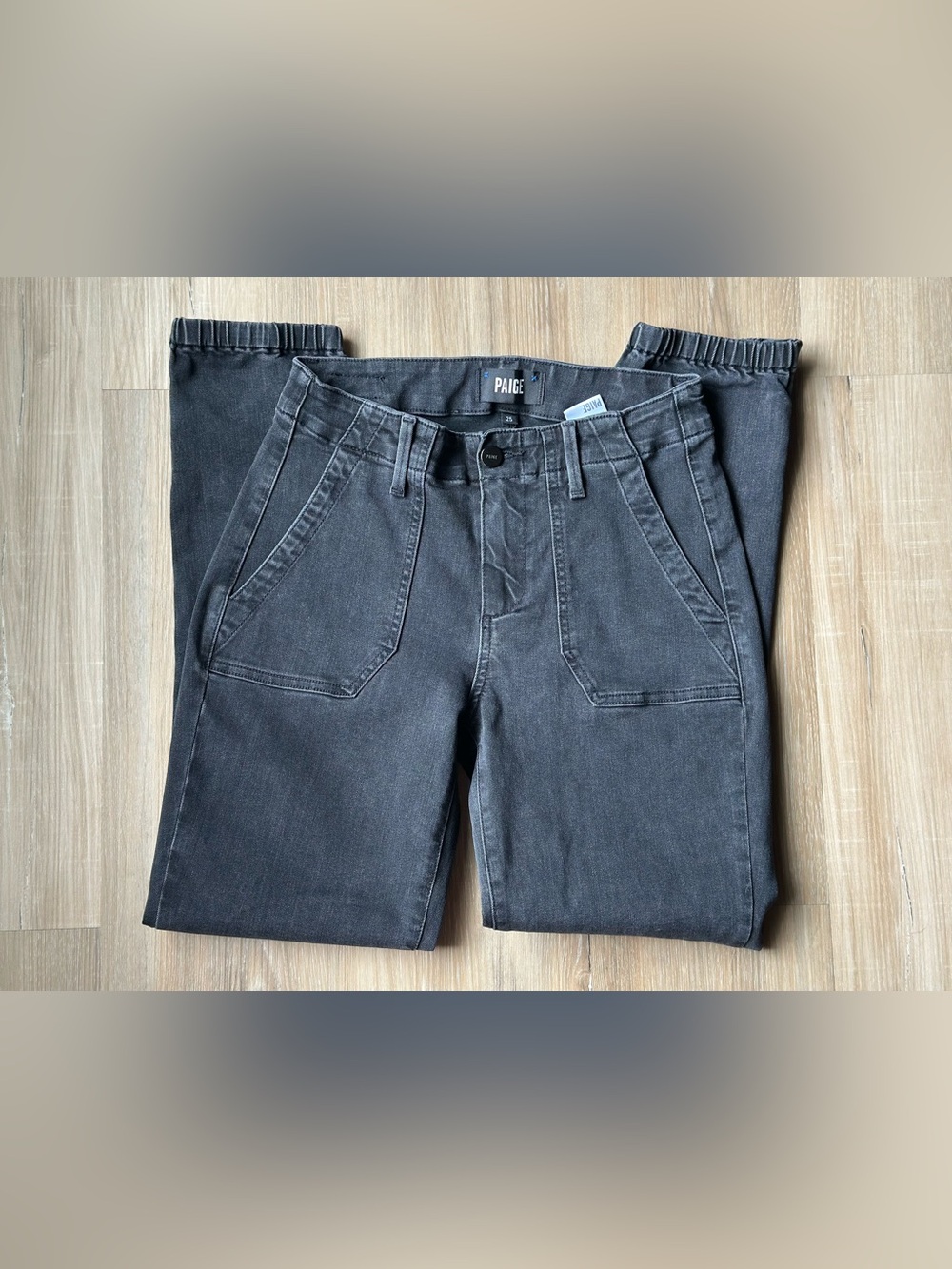 PAIGE Denim Mayslie Jogger Pants Black Charcoal Washed Utility Cargo Crop Sz 25
